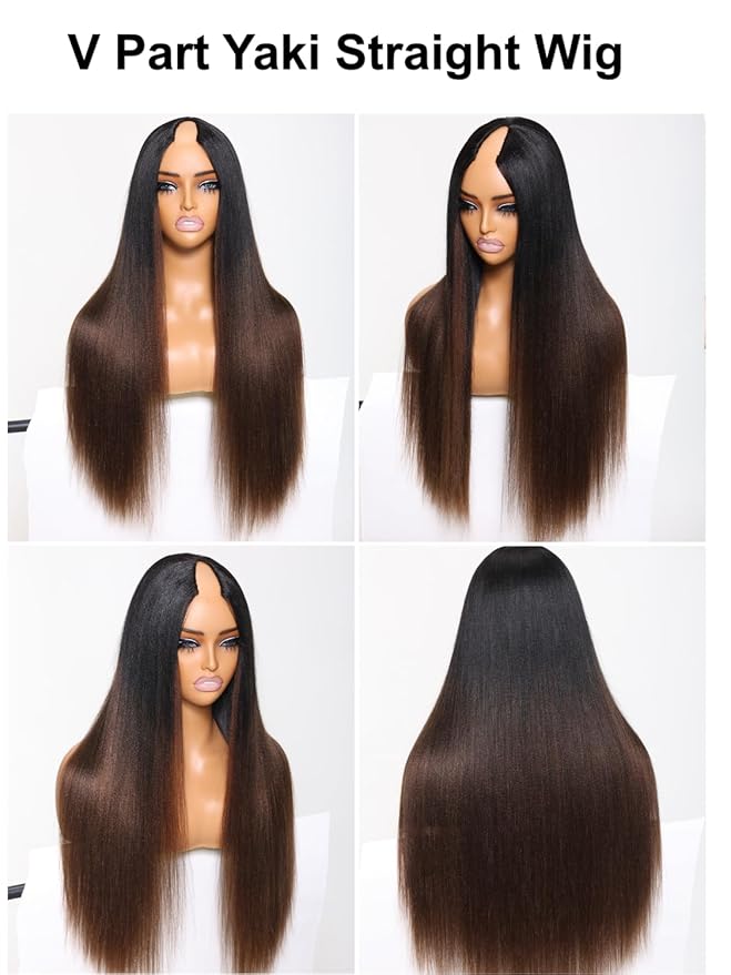 YIROO V Part Human Hair Wig - Ombre Chestnut Brown Yaki Straight Glueless No Leave Out - Upgrade U Part for Women - V Shape Clip in Half No Glue No Sew in Beginner 24 Inch