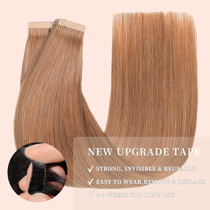 Tape in Hair Extensions Human Hair Light Brown Remy Hair Extensions 20pcs 14 Inch Straight Invisible Human Hair Tape in Extensions Skin Weft Tape Extensions Human Hair (30#,14 Inch)