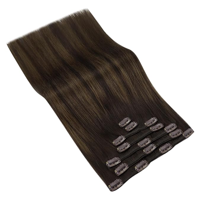 Ve Sunny Clip in Hair Extensions Thick Remy Human Hair Dark Brown Balayage Medium Brown Real Hair Extensions Clip in Human Hair Straight 18inch 7pcs 120g
