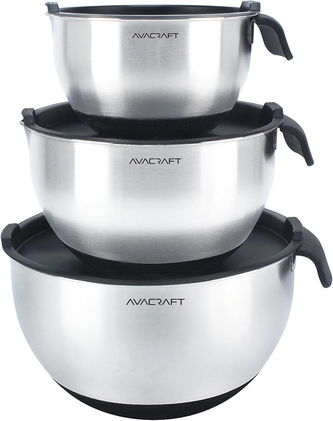 AVACRAFT 18/10 Stainless Steel Mixing Bowls with Lids, non slip silicone base bowls with Handle, Mixing Bowl Set with Pour Spouts & Measurement Marks, Home Essentials Cooking Bowls, (Black)