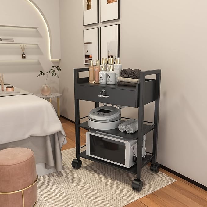 Salon Beauty Cabinet Cart Trolley 2-Layer Rolling Storage Drawer Organizer Wheels Lockable Tool Salon Station Barber Stylist Equipment Makeup Spa Cart (Black-3 Layer)