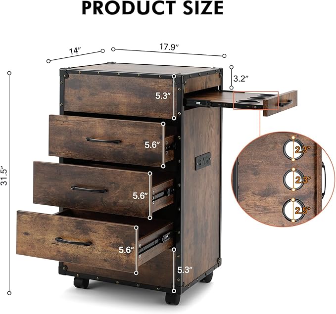 Artist hand Salon Trolley Cart with Wheels Barber Station with Drawers,Power Outlets,Hair Dryer Holders, Hair Stylist Equipment Storage Cabinet for Barbershop Spa Studio