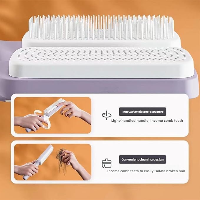Anti-Static Self Cleaning Hair Brush,Easy Clean Retractable Hair Brush,Cleaning Retractable Massage Comb for Effortless Hair Removal and Cleaning (Purple)
