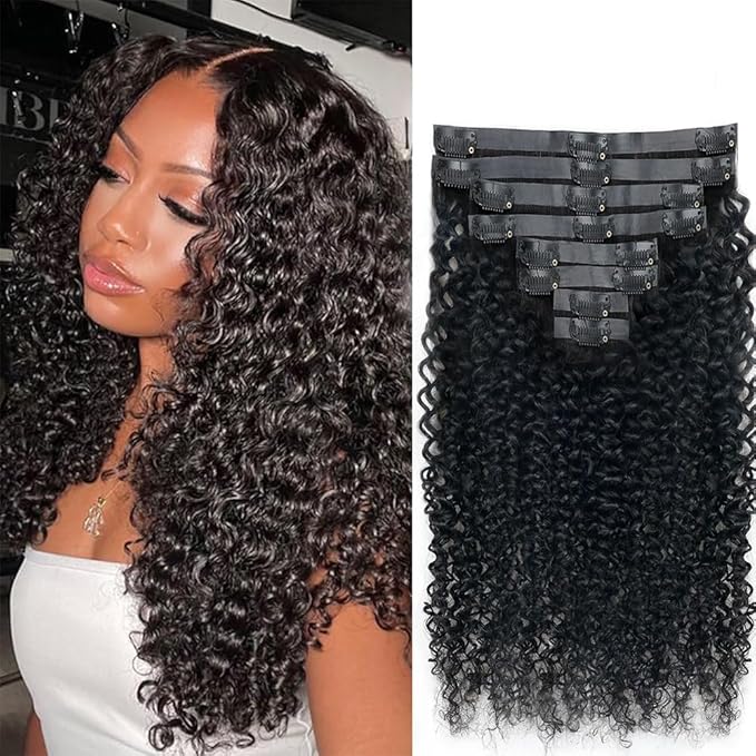 Seamless Curly Clip in Hair Extensions Real Human Hair Brazilian Virgin Human Hair Clip in Extensions 8Pcs Seamless Clip ins for Black Women with 18Clips PU Skin Weft 120g 12inch Natural Black