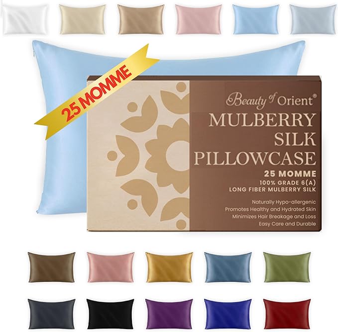 25 Momme Premium Mulberry Silk Pillowcase for Hair and Skin | Handcrafted Hypoallergenic & Anti-Acne Silk Pillow Cases with Zipper | Queen - 20" x 30", Frosty Blue