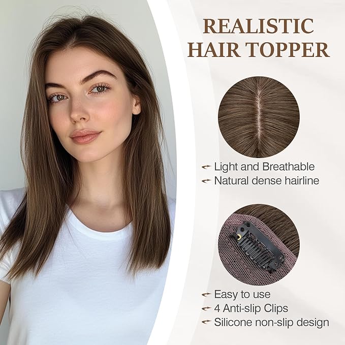 Rich Choices Hair Toppers for Women Real Human Hair 100% Human Remy Toppers NO Bangs for Women with Thinning on Top Clip in Hairpiece 4"x4.7"Lace Base 8 Inch #2R Chocolate Brown