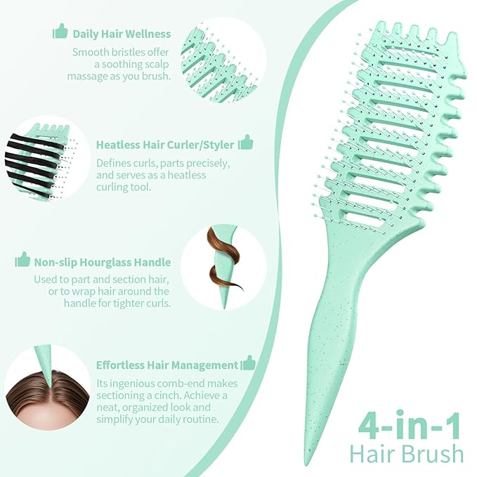 Curl Defining Brush, 4-in-1 Curly Hair Brush – Flexible Styling Brushes for Women and Men, Curls Detangling Hairbrush Featuring a Crescent Shape and Ultra-Smooth Bristles for Wet & Dry Hair - Green