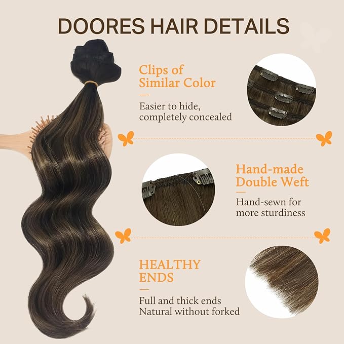 DOORES Clip in Hair Extensions Balayage Dark Brown to Chestnut Brown 120g 7pcs 16 Inch Remy Human Hair Extensions Clip in Real Hair Extensions Straight