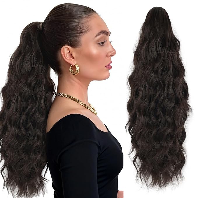 Claw Wavy Ponytail Extension 18 Inch for Women Curly Pony Tail Clip in Hair Extensions Shoulder Length Fluffy Natural Looking Synthetic Hairpiece for Daily Use (Black Brown)