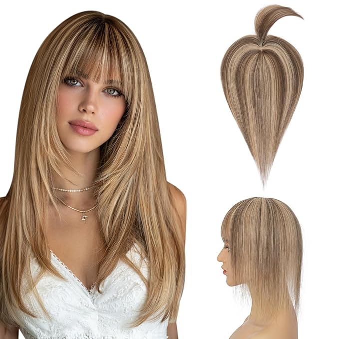Hairro Mono Hair Toppers with Bangs, 3.4" x 3.4" Mono Base 100% Real Human Hairpieces for Women, 150% Density Clips In Topper for Greyish Thinning Hair, 14 Inch Medium Brown Mix Dark Blonde