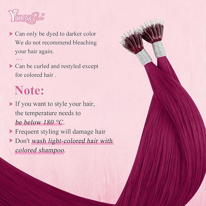 YoungSee Nano Ring Hair Extensions Magenta Nano Beads Hair Extensions 16inch Burgundy Nano-Ring Hair Extension Red Nano-Tip Extension Silky Cold Fusion 25g 25s for Experimenting with colors