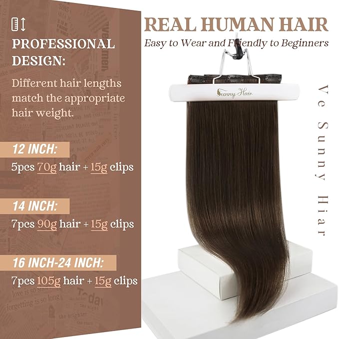 Ve Sunny Human Hair Clip in Extensions Real Hair Extensions Clip in Human Hair Dark Brown Clip in Hair Extensions 16 Inch 120g
