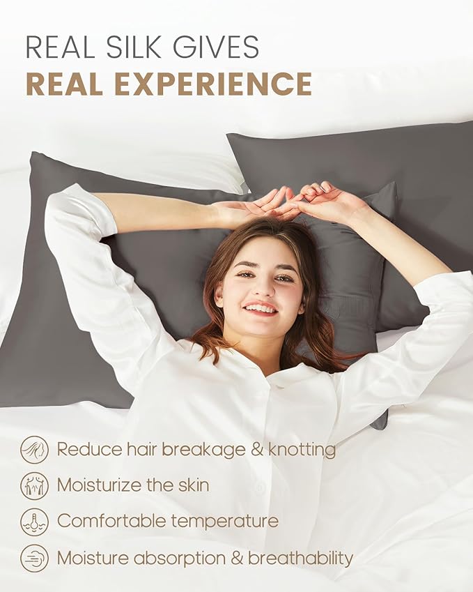 THXSILK Set of 2 100% Mulberry Silk Pillowcases for Hair and Skin, Both Sides 19 Momme Pure Natural Silk Pillowcase, Soft Breathable Zipper Pillow Cases Queen Size 20"x30", Dark Grey