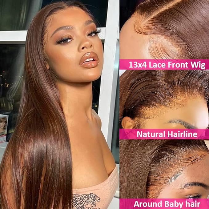 Hermosa 13x4 Brown Lace Front Wigs Human Hair 180 Straight Lace Frontal Human Hair Wigs Pre Plucked Hairline 4# Brown Frontal Wigs Human Hair 20 Inch