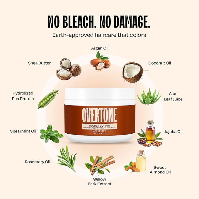 Overtone Semi Permanent Hair Color Conditioner, Golden Copper, 8 oz, Nourishing, Damage-Free, Color Depositing Mask for All Hair Types with Shea Butter & Coconut Oil, Vegan & Cruelty-Free
