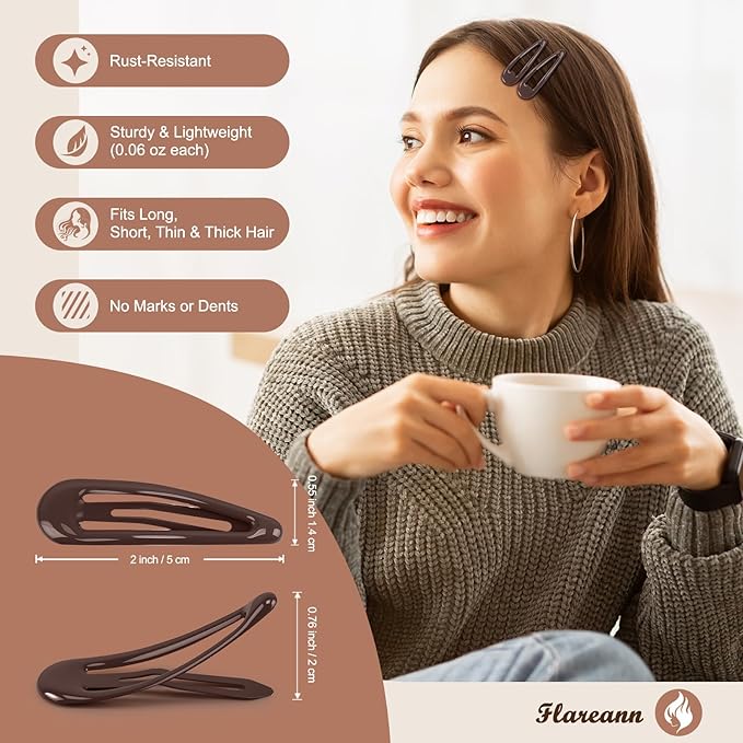 Glossy Brown Snap Hair Clips by FLAREANN – 50 PCS 2 Inch Non-Slip Metal Hair Barrettes for Women in Warm Neutral Brown Tones – Everyday Minimalist Hair Accessories