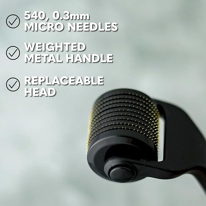 The Beard Club Premium Derma Roller for Face, Body and Scalp - Microneedling Roller for Men and Women with 540 Titanium Microneedles - for Hair & Beard - Weighted Metal Handle - Magnetic Storage Case