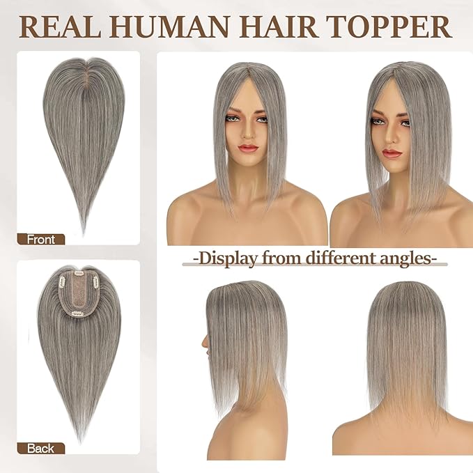 Rich Choices Hair Toppers for Women Real Human Hair 100% Human Remy Toppers NO Bangs for Women with Thinning on Top Clip in Hairpiece 4"x4.7"Lace Base 10 Inch Salt and Pepper G2 Sliver