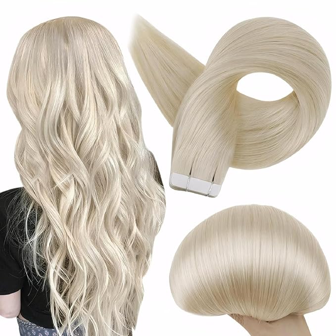 Full Shine Blonde Hair Extensions Color 60 Blonde Tape in Hair Extensions 20Inch Invisible Skin Weft Double Sided Straight Extension for Women Daily Office Look 100G 40Pcs Add Length