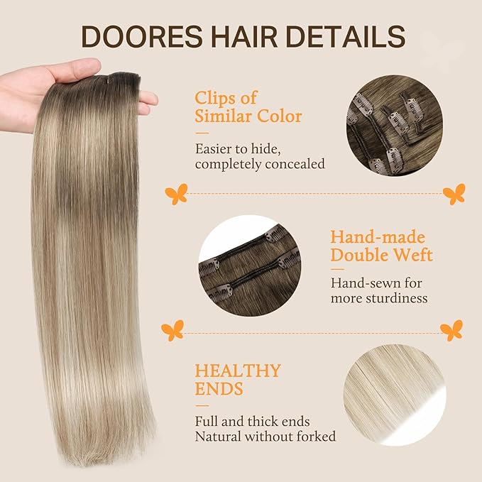DOORES Clip in Hair Extensions Ash Brown to Dirty Blonde Balayage Platinum Blonde 120g 7pcs 16 Inch, Real Human Hair Extensions Clip in Straight Natural Remy Weft