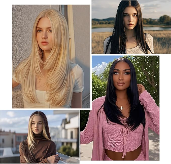 Black Mix Red Long Straight Wig for Women 26 Inches Synthetic Layered Wig Long Straight Synthetic Lace Front Wig Middle Part Synthetic Wigs for Daily Cosplay Party Use(#Black Mix Red, 26 Inch)