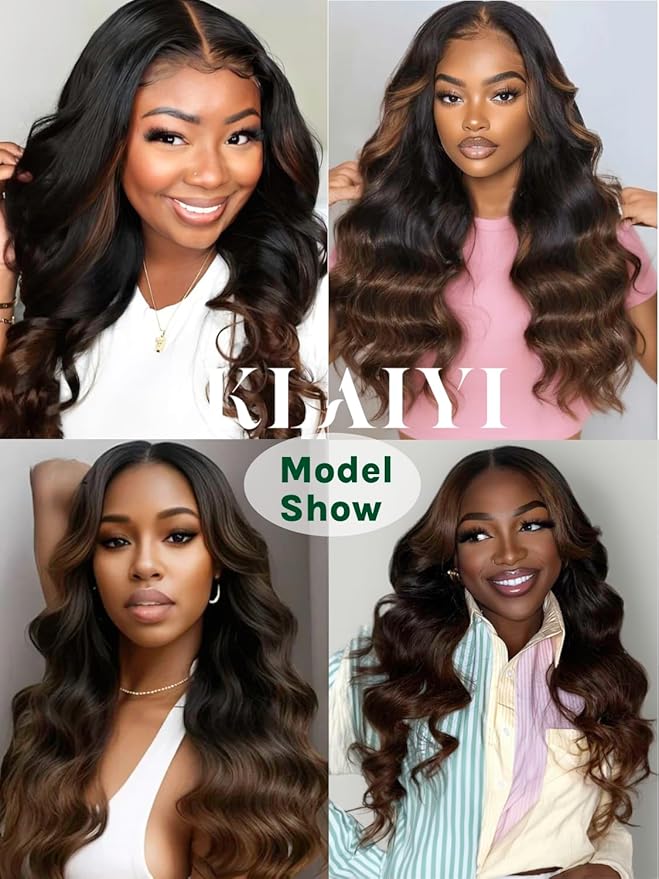 KLAIYI Ombre Brown V Part Wig Body Wave Human Hair Upgrade U Part Wig with Dark Roots Glueless Chestnut Brown Clip in Half Wig No Glue No Leave Out Beginner Wigs for Women Wear and Go Wig 150% 14Inch