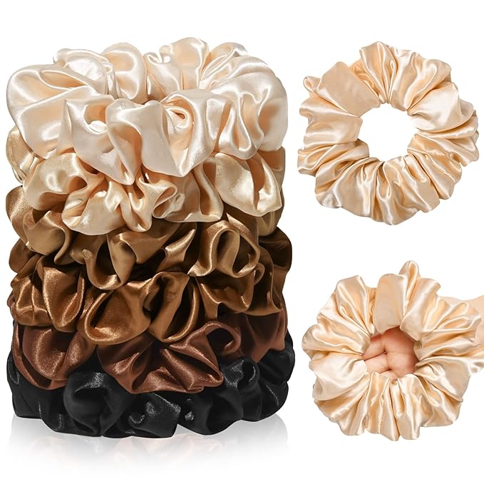 CEELGON Large Silk Satin Scrunchies for Women Big Scrunchies Jumbo Satin Hair Ties Oversized Hair Scrunchies for Thick Curly Hair Pack of 6 (Black,Champagne,Brown,Gold)