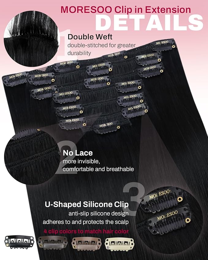 Moresoo Black Clip in Hair Extensions 16 inch Double Weft Real Hair Extensions Clip ins Human Hair Jet Black #1 Straight for Women 7Pcs 120G Full Head