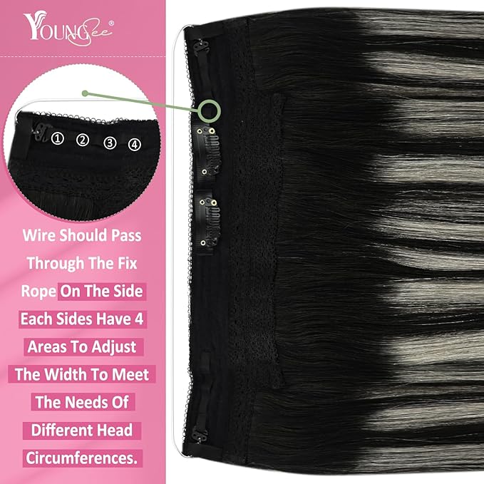 YoungSee Wire Hair Extensions Human Hair Black Balayage Human Hair Wire Extensions Black Ombre Silver Balayage Fish Line Extensions Long Straight Hair 20In 100G