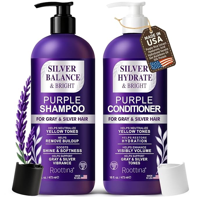 Silver Shine Sulfate Free Brass Toning Purple Shampoo and Conditioner Set for Gray, Blonde & White Hair – Neutralizes Brass, Enhances Shine, Supports Cool Tone, Made in USA, 16 fl oz