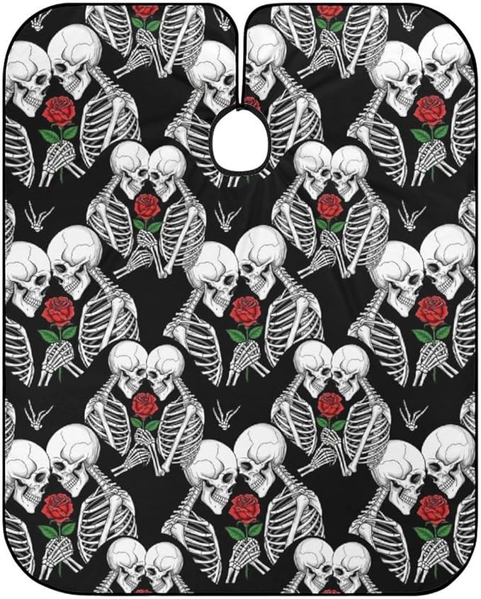 Extra Long Professional Salon Cape, Rose Flower Skull Love Skeleton Apron Haircuting Salon Cape Gown for Hair Cutting Styling