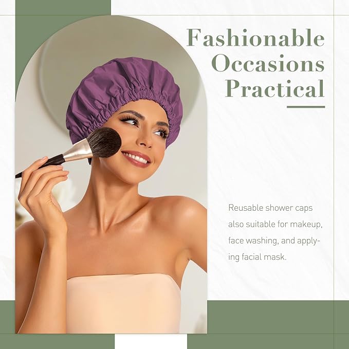Reusable Shower Cap for Women, Large Waterproof Shower Essentials Bonnet Washable Elastic Band Bath Hair Wrap Hat for Long Hair, Braids(Leather Purple)
