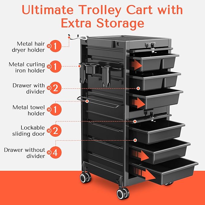 TASALON Professional Salon Trolley Cart, 6 Drawers with Dividers, Lockable Storage,Versatile Salon Cart for Hair Stylist, Hair Tool Holders, Black