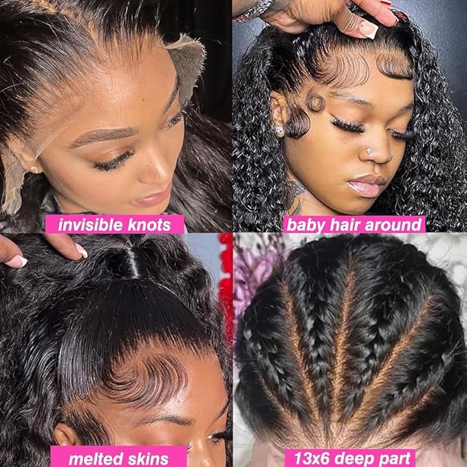 26 Inch Deep Wave Lace Front Wigs Human Hair Pre Plucked 200% Density 13x6 HD Lace Frontal Wigs with Baby Hair Deep Curly Wet and Wavy Glueless Wigs for Women (Natural Black, 26 Inch)