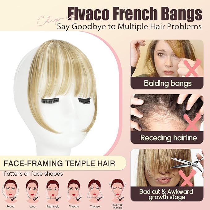 Clip in Bangs, Synthetic Wispy Bangs Hair Clip, Light Blonde Mix Bleach Blonde Fake Bangs Fringe with Temples Hairpieces for Women Natural Curved Hair Extensions for Daily Wear