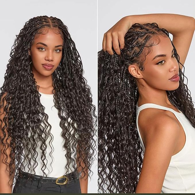 Frodio Braided Wig Veralux™ Fiber Full Lace Boho Curly Water Wave Synthetic Box Braided Wigs For Black Women Salon-Level 200% Density Bohemia Natural Scalp 30 Inches