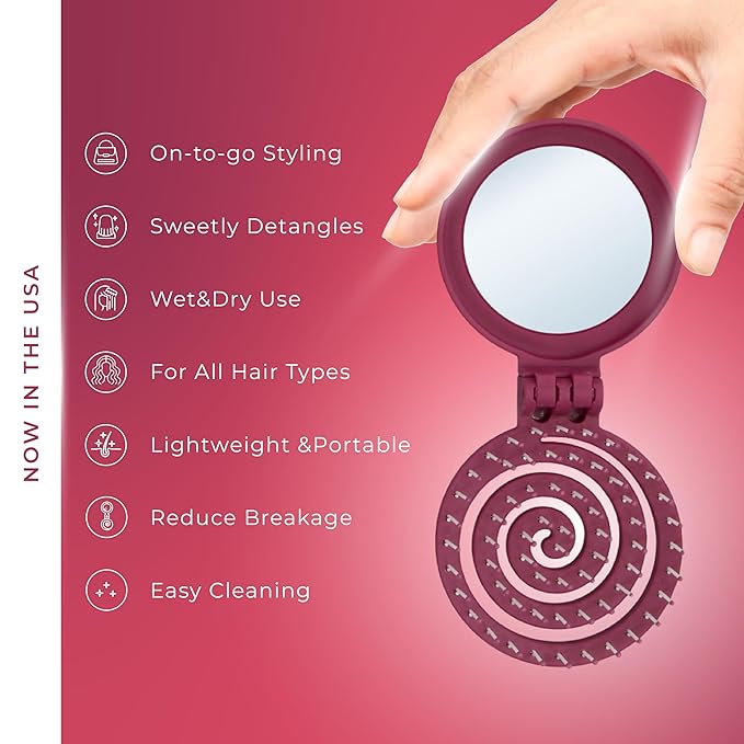 Mini Detangler Travel Hair Brush with Mirror, Makaron Hair Brushes for Women, Men and Kids, Unique 3D Flexible Design for All Hair Types, Styling Accessory, Travel Essentials for Women (DARK DAMSON)