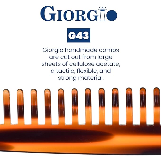 Giorgio G43 Large 7.25 Inch Hair Detangling Comb, Wide Teeth for Long Thick Curly Wavy Hair. Detangler Comb For Wet and Dry Hairs. Handmade of Quality Cellulose, Saw-Cut, Hand Polished, Tortoise Shell
