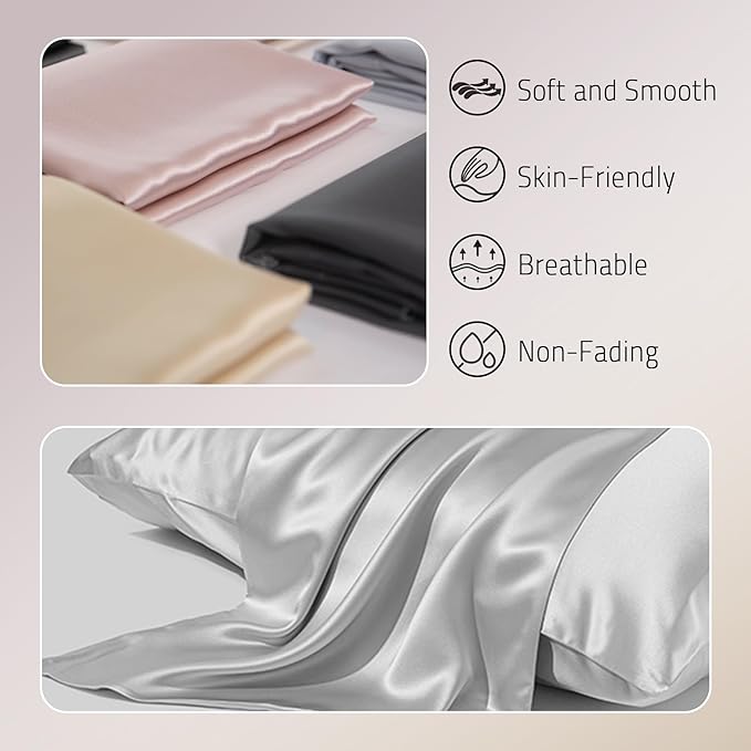 Mulberry Silk Pillow Cases Set of 2, Both Sides Real Silk Pillow Cover for Hair and Skin Prevent Acne Pillowcase Organic Silk Pillowcase 2 Pack with Hidden Zipper, Silver Grey, Queen (20"×30")