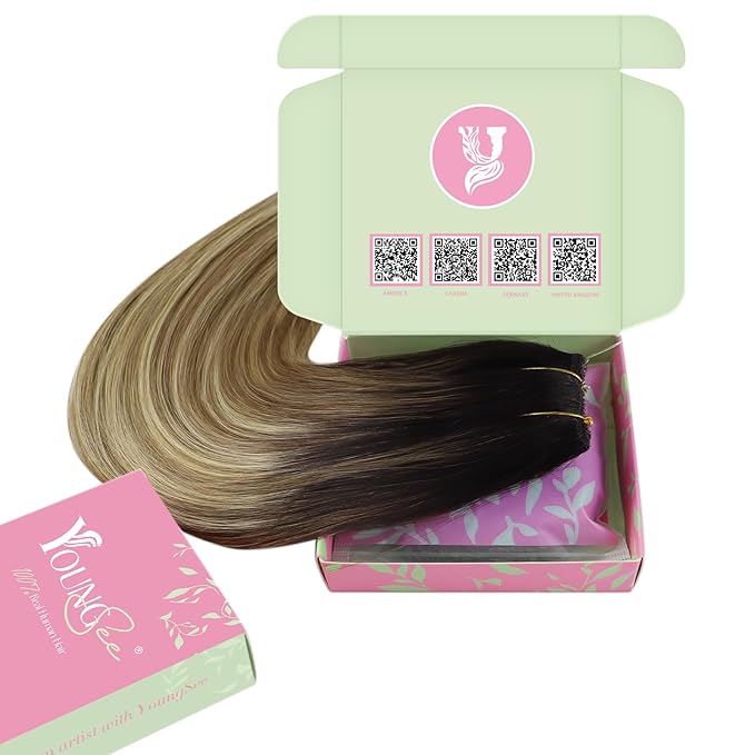 YoungSee 120G Wire Hair Extensions Real Human Hair Ombre Invisible Wire Hair Extensions Dark Brown Roots to Brown with Blonde Fish Line Hair Extension Human Hair Easy to Wear 16Inch