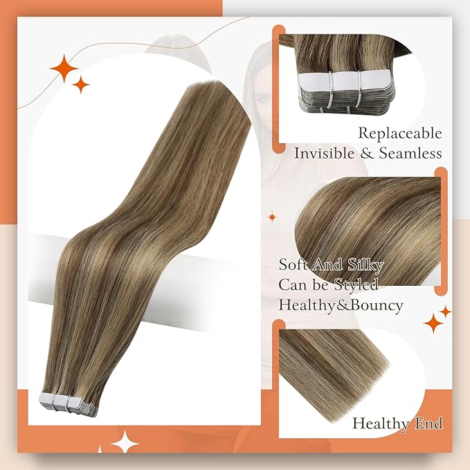 Full Shine Hair Extensions Real Human Hair Tape in Color 4 Brown Highlight 27 Caramel Blonde Double Sided Tape in Extensions 22Inch 100Gram Seamless Skin Weft for Women Add Volume 40Pcs