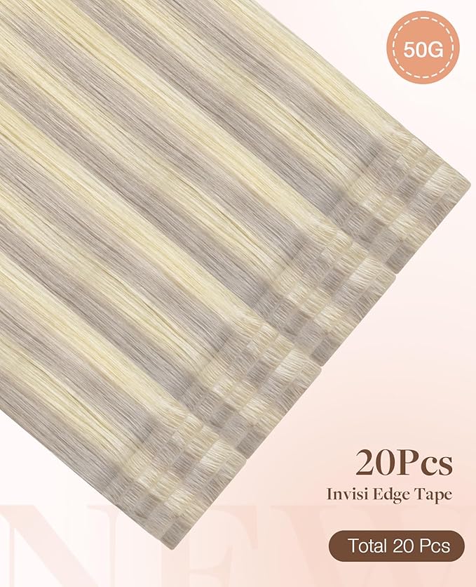 GOO GOO Invisi Edge Tape in Hair Extensions Human Hair, 17/22/60 Balayage Ash Blonde to Golden Blonde and Platinum Blonde, 20pcs 14inch 50g, Virgin Remy Hair, Seamless Injected Tape, Natural Look