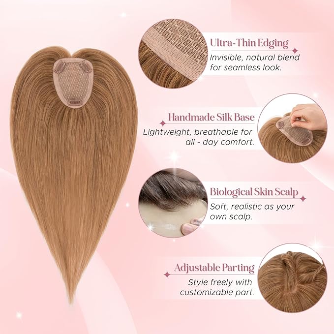 Real Human Hair Toppers for Women 3.54"*4.72" Silky Base 150% Density No Bangs Adjustable Parting Clip-In Topper Hairpieces for Women with Thinning Hair 16 Inches Light Brown
