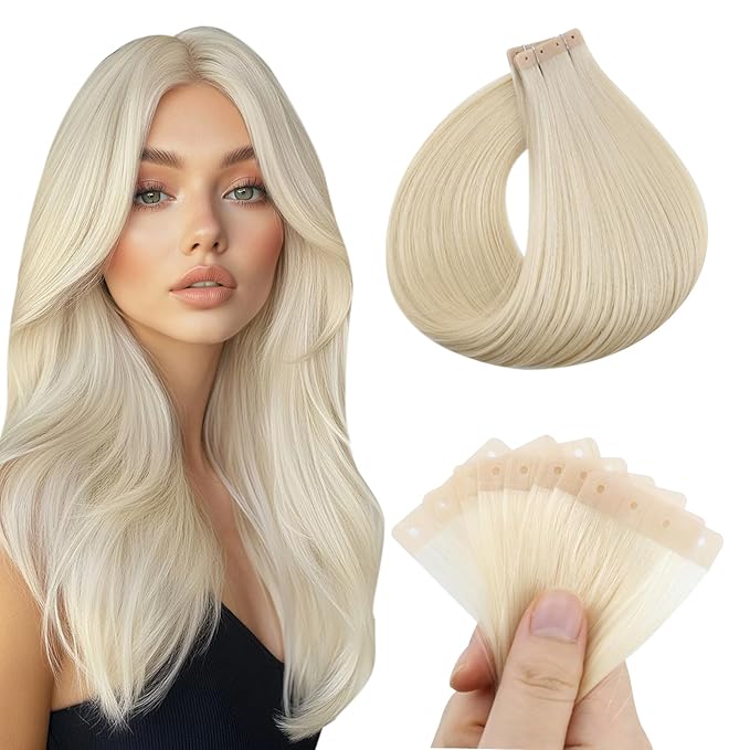 Full Shine Invisible Tape in Hair Extensions Human Hair Color 60 Bleach Blonde 20Inch Blonde Human Hair Tape in 20PCS 50G Holed Tape in Extensions PU Weft for Wedding Brazilian
