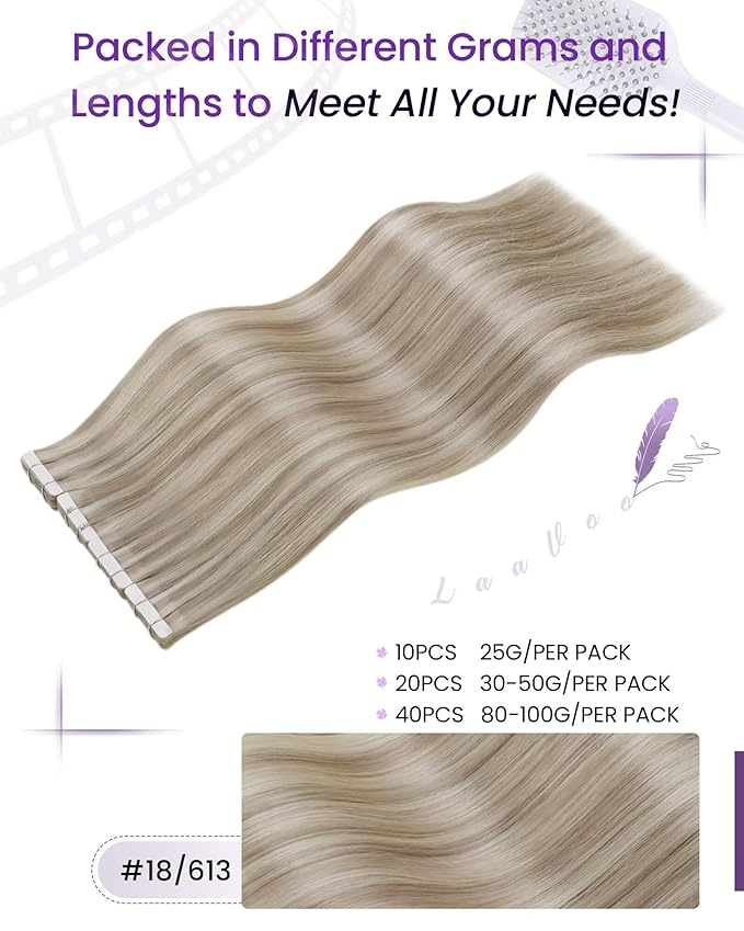 LaaVoo Tape in Hair Extensions Blonde Human Hair Tape in Extensions 100G 40Pcs 18Inch Tape Hair Extensions Ash Blonde Highlights with Bleach Blonde Human Hair Extensions Tape in Silky Soft