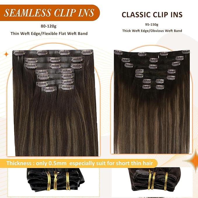 Full Shine Balayage Clip in Hair Extensions Dark Brown to Light Brown with Caramel Blonde Remy Human Hair with PU Weft Thick Ends 16 Inch 8 PCS 120 Grams