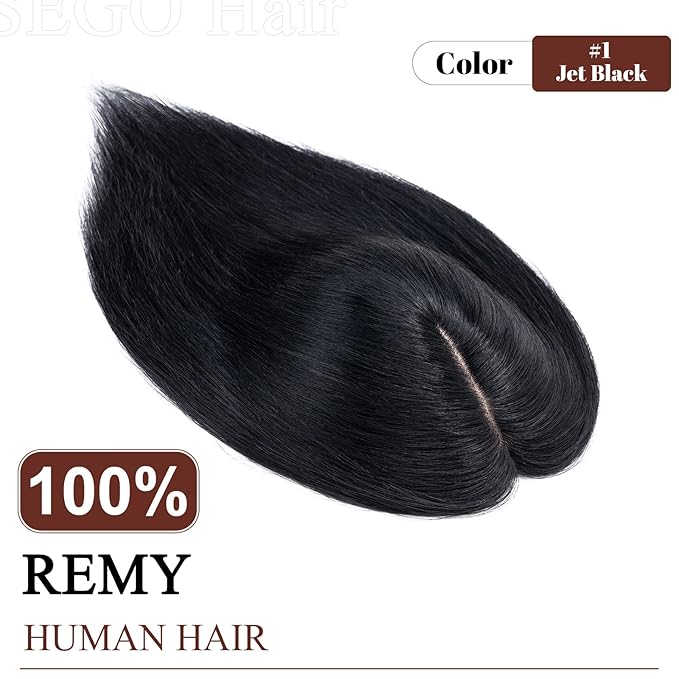 SEGO Real Human Hair Topper for Women, No Bangs Hair Topper with Anti-Slip Clips (18 Inches Jet Black)