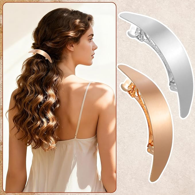 2Pcs Oval French Barrette Hair Clips, Vintage Metal Gold Hair Clip, Elegant French Clip for All Hairs, Gold Hairs Barrettes for Wedding Prom & Formal Events Valentine's Day（Gold, Silver）
