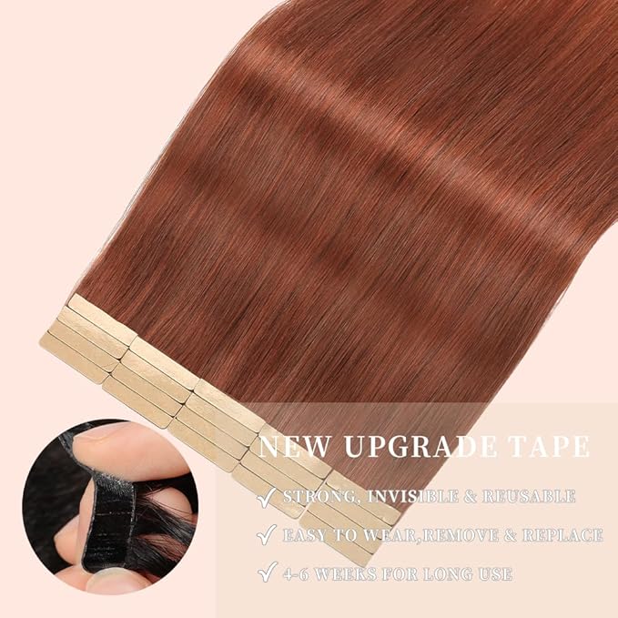 Auburn Brown Tape in Hair Extensions Human Hair, 20pcs 22 Inch Remy Hair Extensions Straight Human Hair Tape in Extensions Skin Weft Invisible Human Hair (#A33,22 Inch)