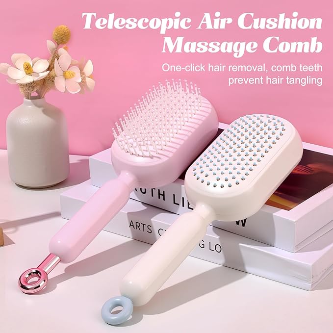 Retractable Cushion Massage Comb Brush, Anti-Static Easy-Clean Massage Comb,Air Cushion Massage comb,Smooth Clean Detangling Comb for All Hair Types(Pink)
